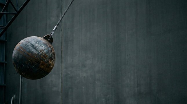 Rusty wrecking ball hanging against dark textured wall