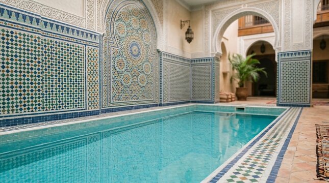 Moroccan riad courtyard with swimming pool and zellige tilework