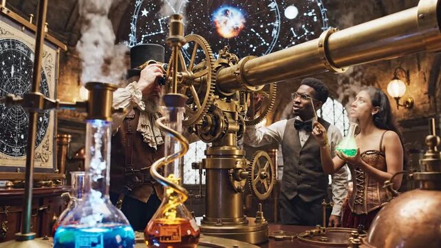 Diverse scientists in steampunk laboratory observe celestial map