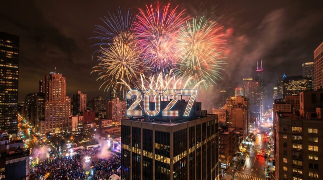 A display of multi colored fireworks exploding in the night sky over a densely