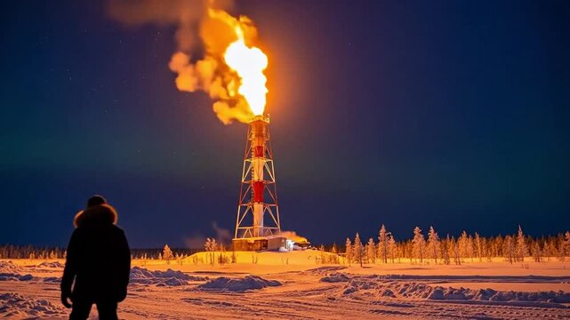 Silhouette of a man in a winter parka standing before a burning oil and gas flare stack in a snowy arctic landscape at night, representing energy industry operations