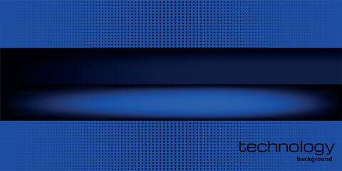 Abstract dark blue technology background banner. Modern digital backdrop with black metallic overlapping panels, neon glowing light effect, and halftone dot pattern for corporate website headers and b © Oksana