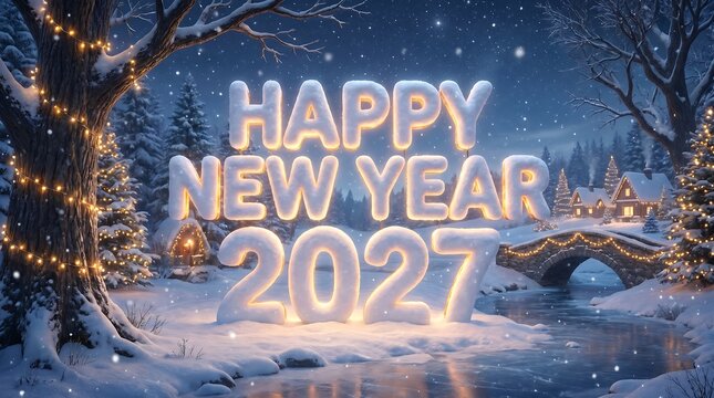 Happy new year 2027 text in a magical winter wonderland landscape with snow