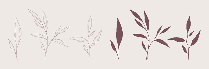 Botanical branch elements set with line art and solid silhouettes on beige background. Minimalist autumn leaves vector clipart for design © Svitlana