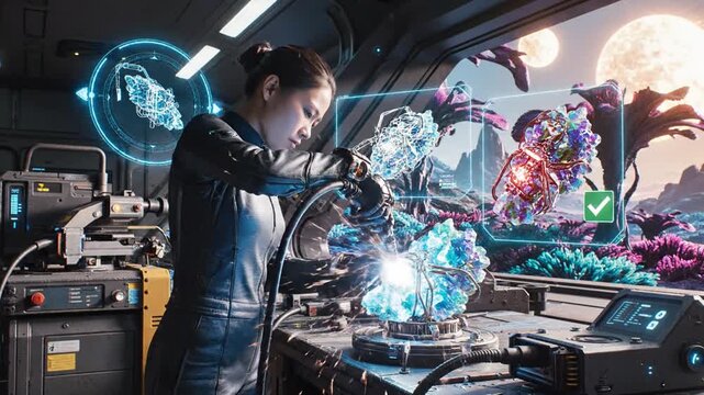 Female engineer welding futuristic device in spacecraft overlooking alien planet