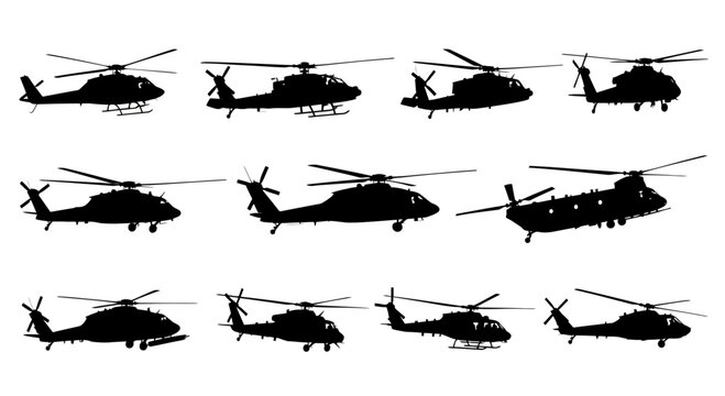 Set of Military Helicopter Silhouettes in Flight