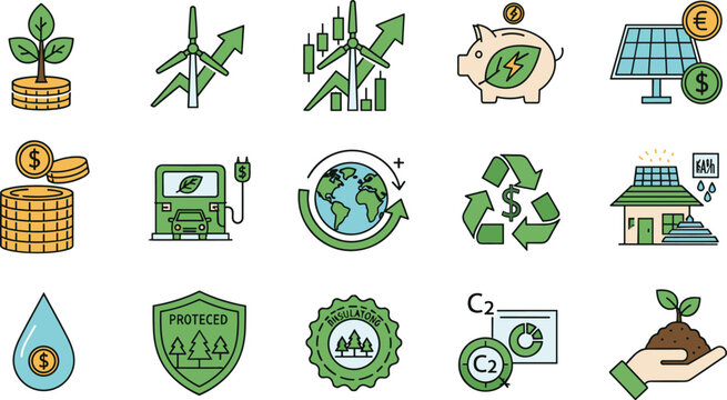 Green economy and environmental conservation icon set featuring renewable energy sustainable investment carbon reduction recycling global ecology icons for business concepts