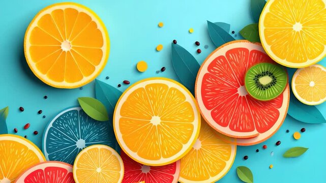 Vibrant, sliced citrus and kiwi fruits on a bright blue background