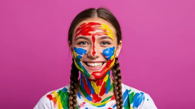 Happy young woman with colorful face paint smiling against pink background, creative artistic portrait representing joy, self-expression, and vibrant lifestyle