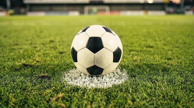 Goalkeeper Gloves Placing Soccer Ball on Center Line Green Grass Stadium Background Cinematic Football Match Kickoff