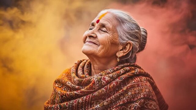 Portrait of an elderly Indian woman with a bindi wearing a traditional shawl during Holi festival celebration, representing wisdom, cultural heritage, and joy
