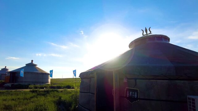 Traditional Mongolian Yurts on Sunny Grassland in Mongolia