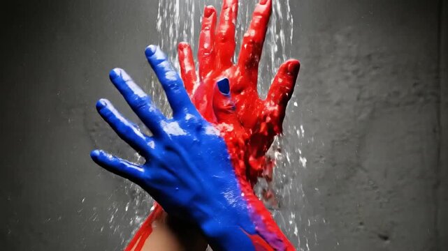 Red and blue painted hands under water stream representing duality contrast and unity concept for diversity and teamwork themes in advertising and design