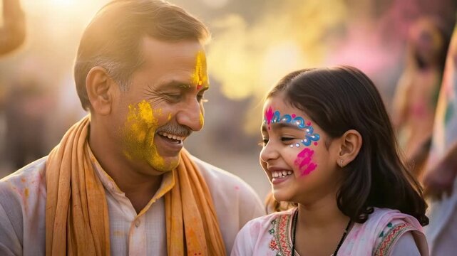 Happy Indian Grandfather and Granddaughter Celebrating Holi Festival with Colorful Powder on Faces Bonding and Smiling Together in Outdoor Setting