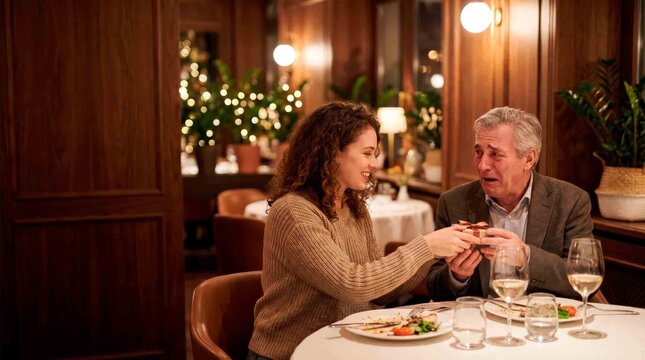 Young woman gives gift to emotional father at restaurant table during holiday season