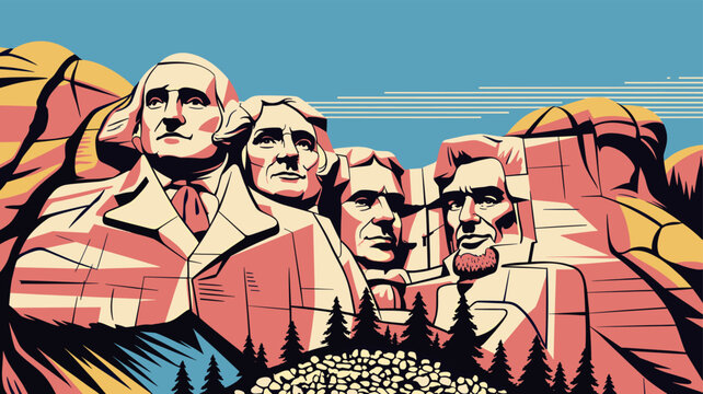 Artistic depiction of Mount Rushmore National Memorial featuring the carved faces of four US presidents.