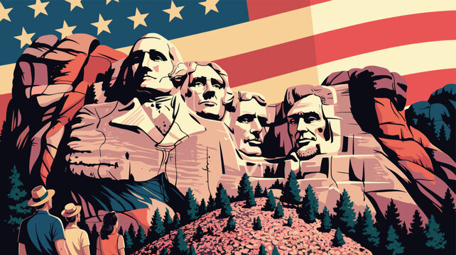 Mount Rushmore National Memorial with the American flag in the background and visitors observing the monument.