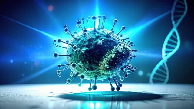 Illustration of a virus cell with spike proteins, DNA helix, and a glowing backdrop
