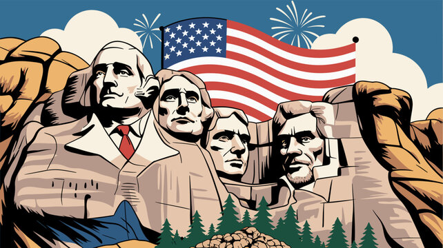 Mount Rushmore National Memorial featuring the sculpted heads of four U.S. presidents with an American flag and fireworks in the background.