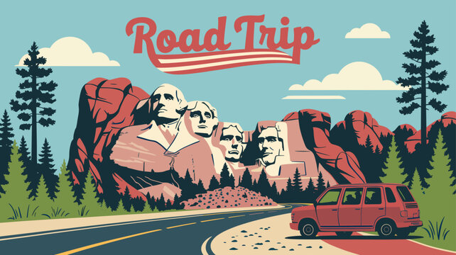 A scenic road trip illustration featuring Mount Rushmore National Memorial with a red SUV driving on a winding road.