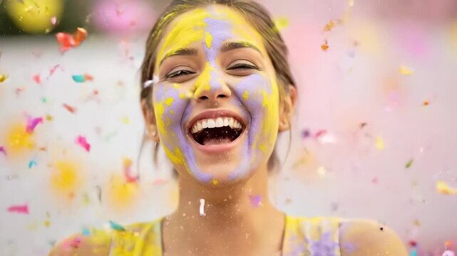 Portrait of a happy young woman with yellow and purple powder on her face celebrating a colorful spring festival, concept of joy, diversity, and cultural celebration