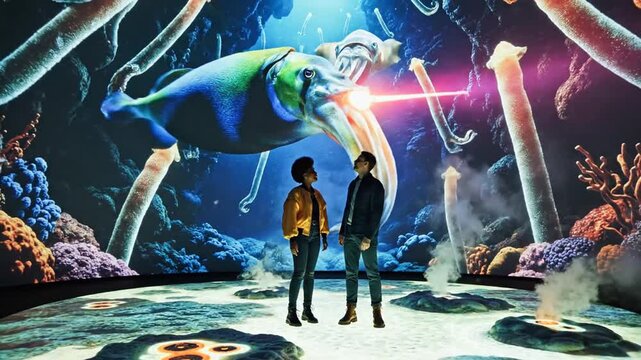 Couple captivated by immersive deep sea projection exhibition