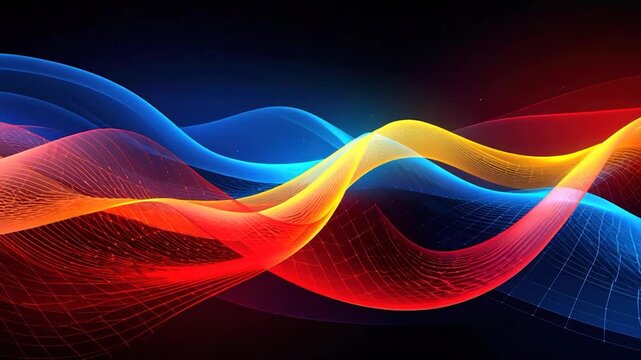 Colorful abstract artwork of flowing waves with grid details and gradient