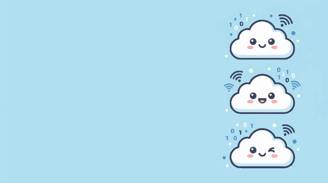Three cute cloud characters with Wi-Fi and binary code, symbolizing cloud computing and data transfer in a cheerful vector illustration on a light blue background.
