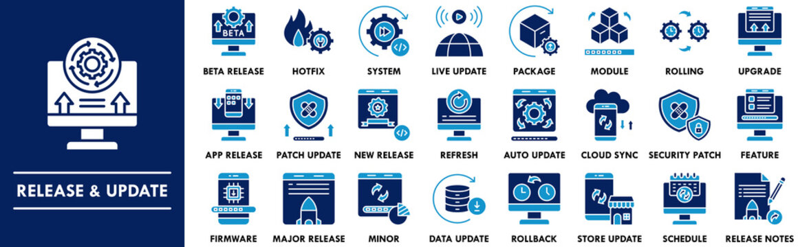 Release and Update duotone icon collection set. Containing design update, information, release, technology, software, version