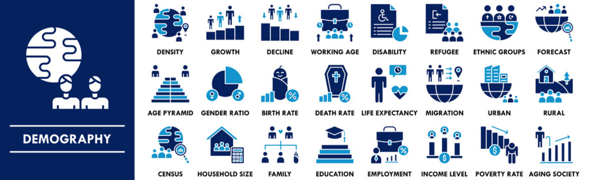Demography duotone icon collection set. Containing design people, population, human, group, community