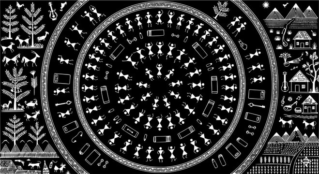 Traditional Indian Warli folk art illustration featuring a circular dance of tribal people surrounded by village life elements, white line art on a black background, vector design.