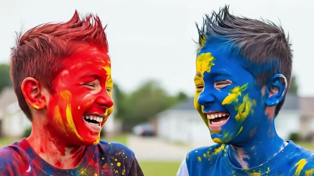 Two young boys with colorful face paint smiling outdoors, representing childhood joy, creative play, summer festival fun, and artistic expression for family lifestyle