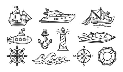 Hand Drawn Nautical Ship and Yacht Doodle Icon Set with Anchor Boat and Submarine Vector Illustration © MdSakib