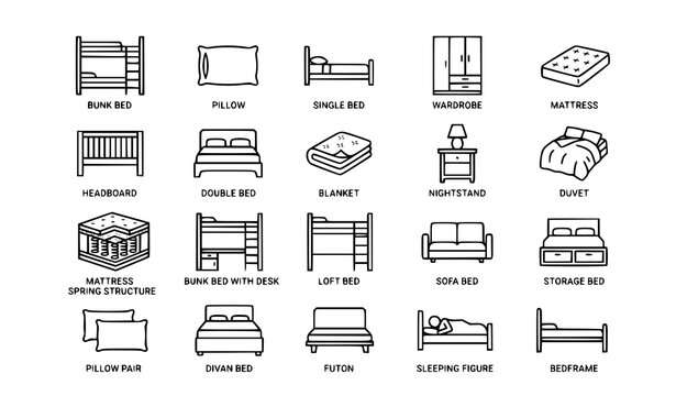 Bedroom furniture icons vector thin line mattress bed pillow set