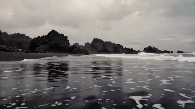 Waves gently washing onto a black sand beach with jagged rocks under cloudy sky