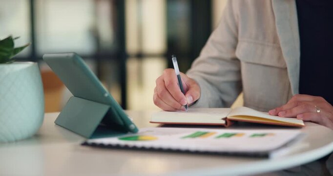 Hands, tablet and person with notebook for planning, strategy or summary of financial stats. Accountant, writing and notes for digital bookkeeping with productivity or brainstorming in workplace