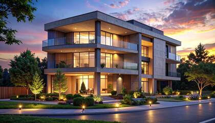 Obraz premium Modern Luxury Residence at Dusk: An impressive, contemporary multi-story residence stands illuminated against a dramatic twilight sky, showcasing sleek architectural lines and lush landscaping.