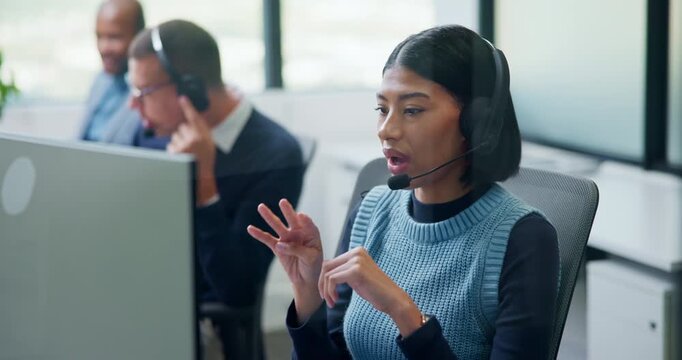 Telemarketing, online or woman with headset in call center, listening or communication with contact. Coworking, glass office or people with tech for lead generation, discussion or explaining offer