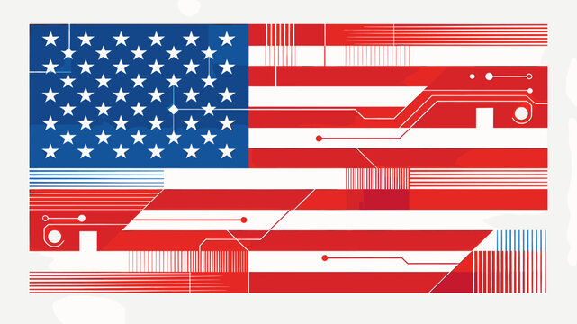 A stylized American flag with integrated circuit board patterns and digital elements, representing technology and patriotism.