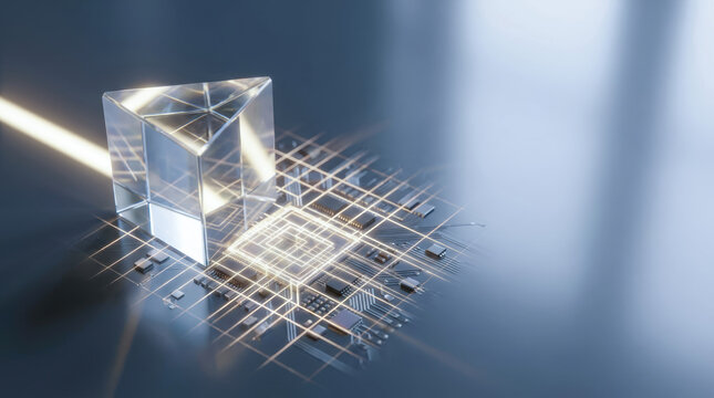 Transparent cube above circuit board represents tensor processing unit TPU technology accelerating AI computations with advanced electronic
