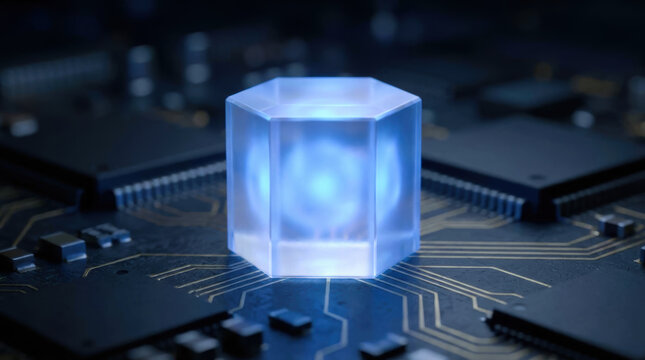 Glowing hexagonal crystal on circuit board symbolizes tensor processing unit TPU ai accelerators enhancing computing power and efficiency