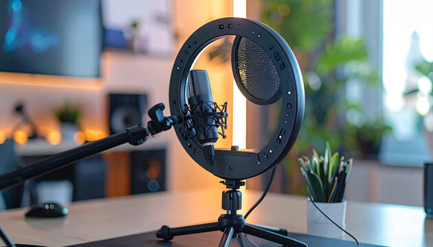 Podcast Studio Setup: A professional microphone with a pop filter and ring light is set up in a home studio, ready for recording audio content such as podcasts, voiceovers, or streaming.