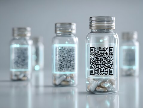 Multiple glass bottles with QR codes containing pills or capsules arranged on reflective surface in medical or pharmaceutical setting