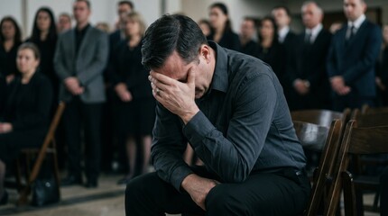 A man in a dark shirt is deeply grieving, covering his face with his hands at a somber funeral service with other mourners in the background.