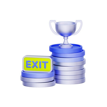 3D illustration of trophy and exit sign on coin stacks for investment success, business exit strategy, profitable divestment, financial achievement, startup acquisition, and wealth goal.
