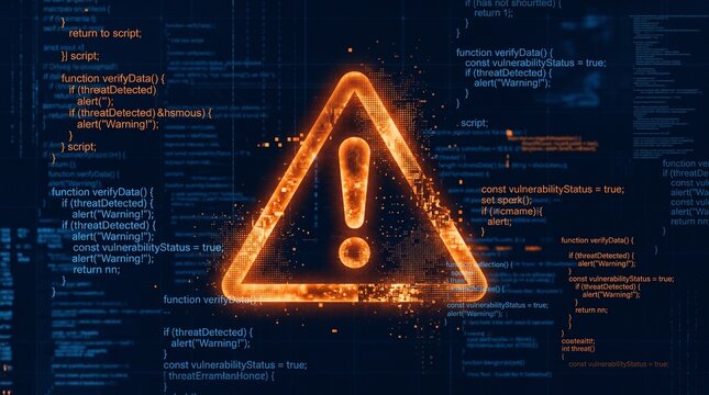 A glowing orange warning sign with an exclamation mark against a dark background of blue computer code, symbolizing digital security threats and system vulnerabilities.