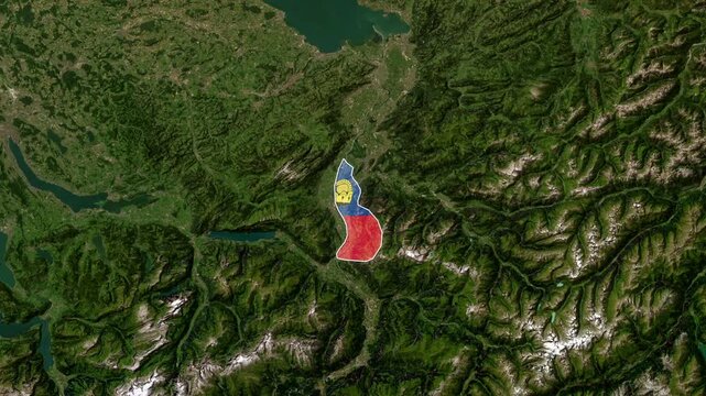 Liechtenstein flag overlay animated over detailed satellite footage of the Alps motion clip