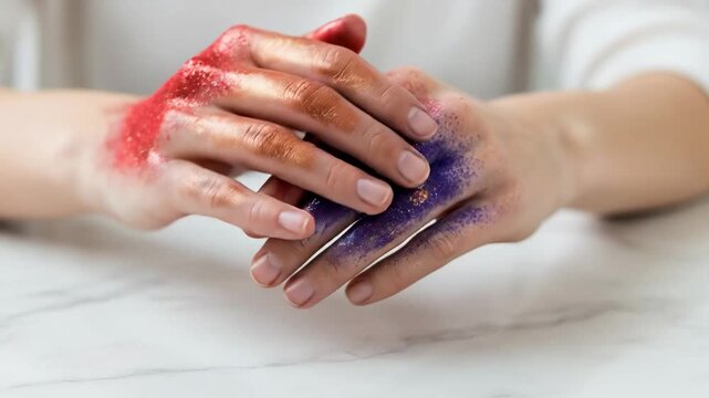Close up of young woman hands covered in vibrant red purple and gold glitter on marble background representing creative artistic expression and festive celebration