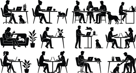 Naklejka na ściany i meble People working remotely with pets at home