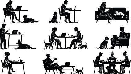 Obraz na płótnie Canvas People working remotely with pets around